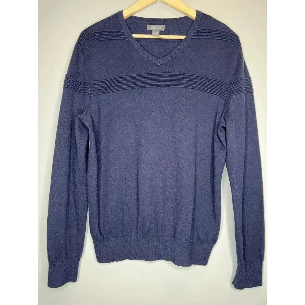 Kenneth Cole Reaction Mens Ribbed Striped V Neck Sweater Pullover Blue Sz Large - Picture 2 of 7